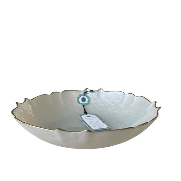 Akcam Pearl White Turkish Glass Bowl Scalloped Gold Edge 9.5" New - Picture 2 of 10